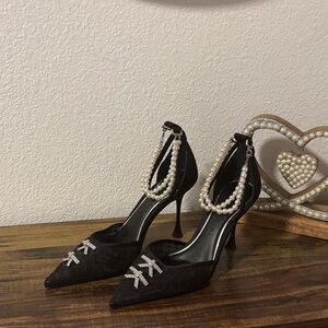 Gianni Bini Black Heels with Pearl and Rhinestone Details